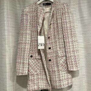 Zara Pink and Black Tweed Long Jacket | NWT